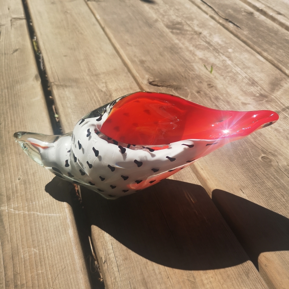 10" Murano Style Hand-Blown Art Glass, Red, Black, White Conch Shell Beach Decor